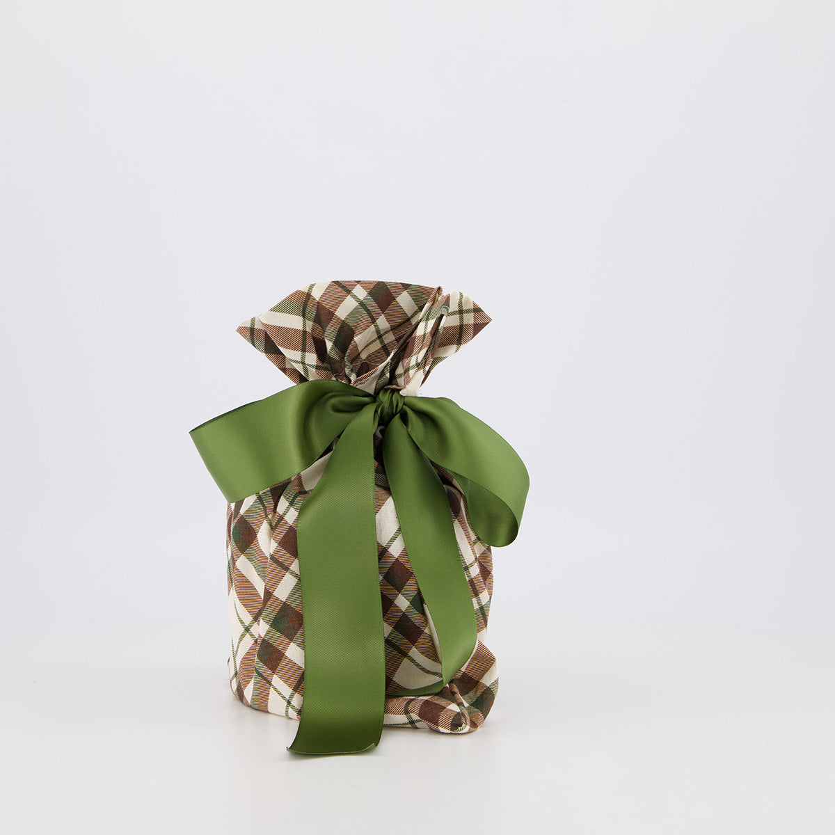 Small reusable gift bag — rich forest green tartan in green, brown and cream — handmade in Afghanistan