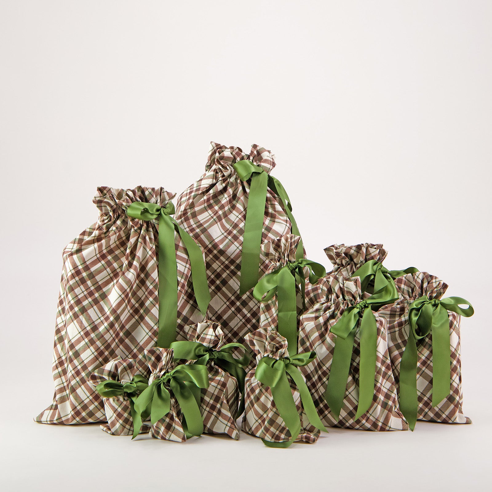 Nadarrach Tartan reusable gift bag set of 10 — classic tartan check in forest green, brown and cream — handmade in Afghanistan