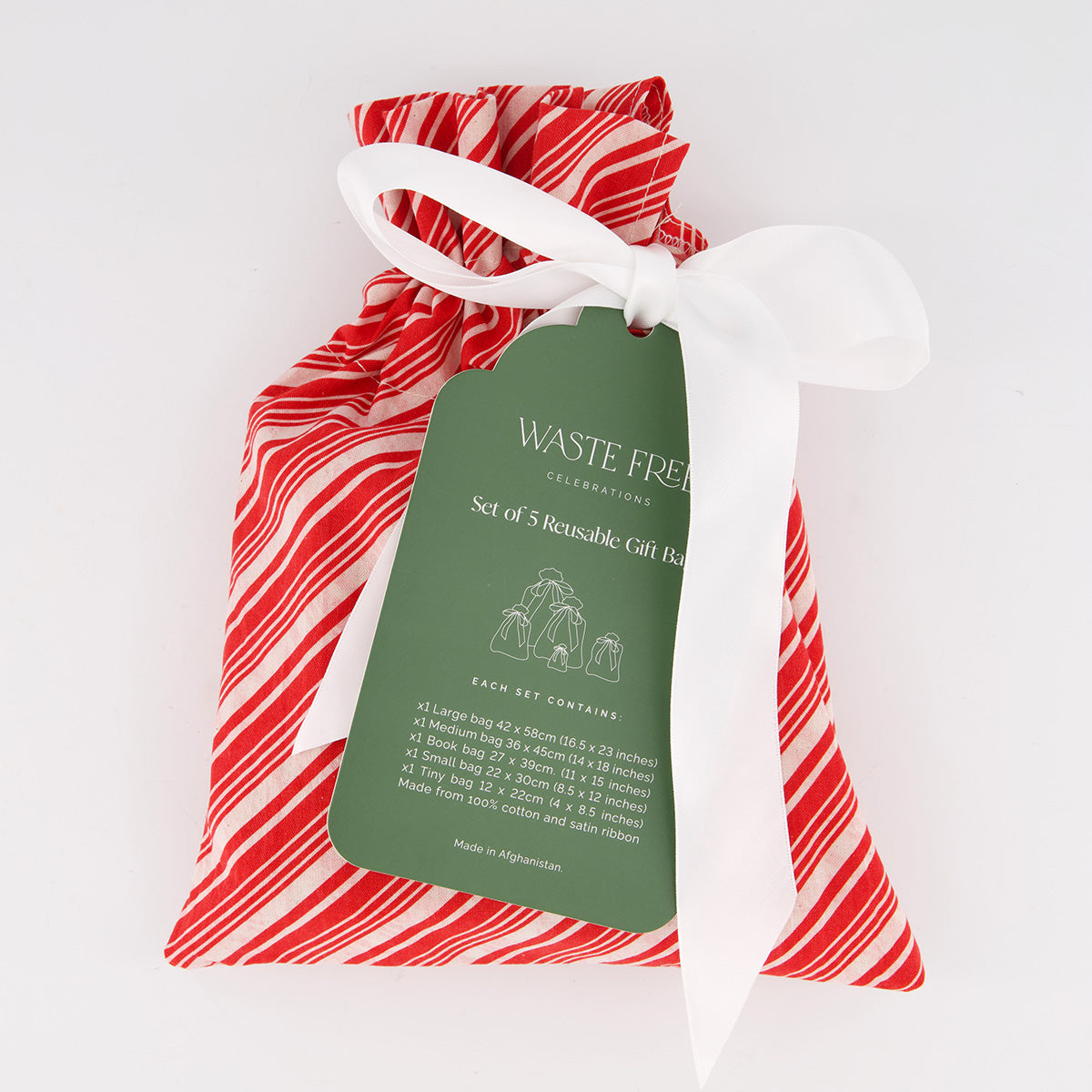 Candy Cane reusable gift bag set of 5 packaging — classic red and white diagonal stripe