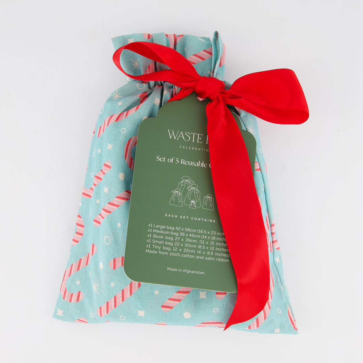 Dulces reusable gift bag set of 5 packaging — candy cane print in pink and white on mint green