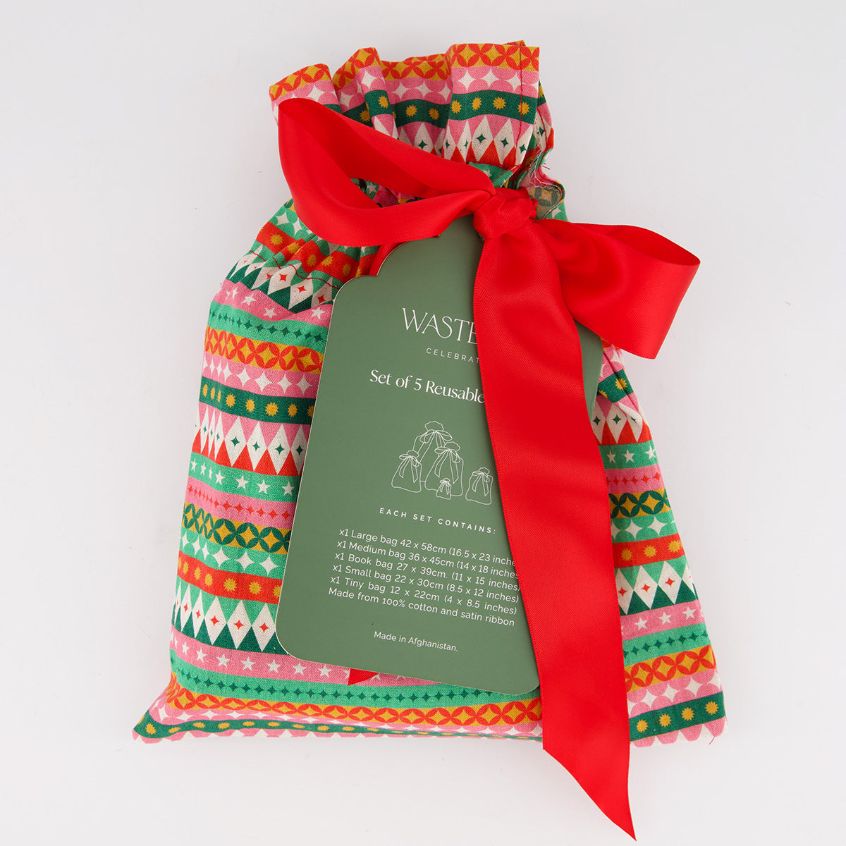 Fiesta reusable gift bag set of 5 packaging — bold geometric stripe print in red, pink, green and gold