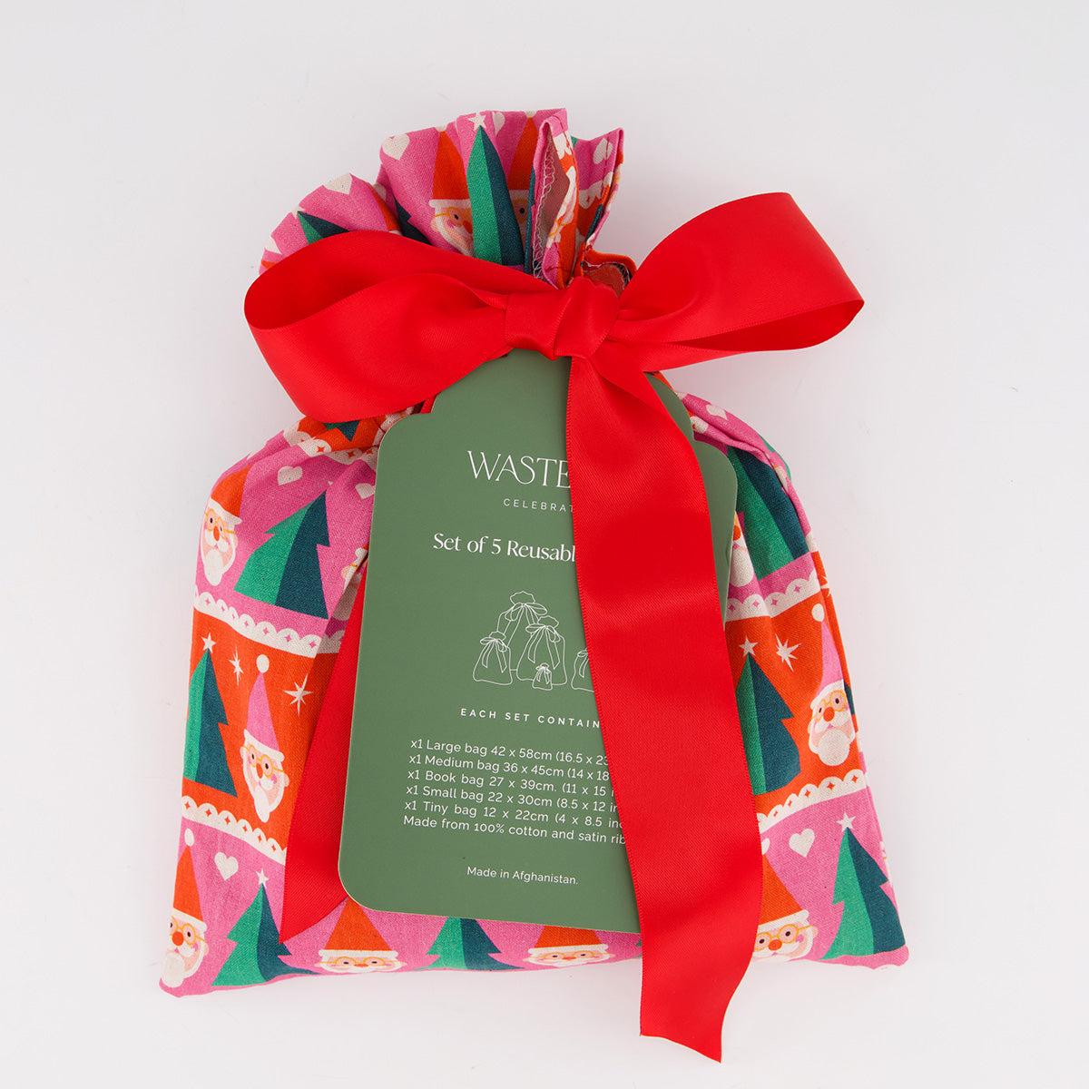 Papa Noel reusable gift bag set of 5 packaging — Santa and Christmas tree print in bold pink, red and green