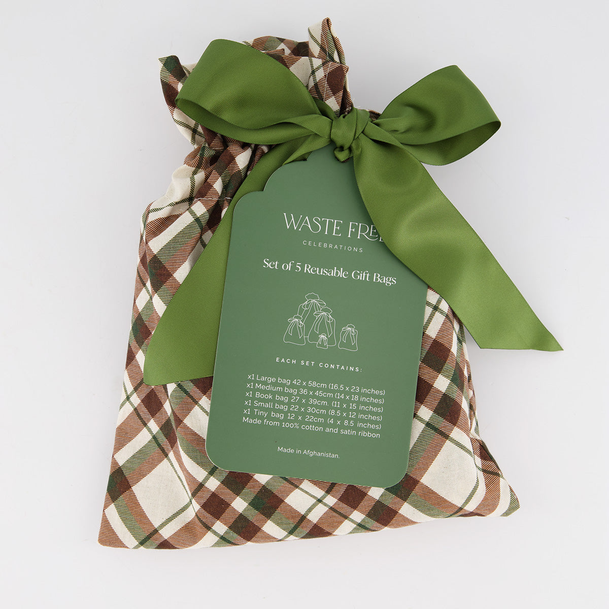 Nadarrach Tartan reusable gift bag set of 5 packaging — classic tartan check in forest green, brown and cream