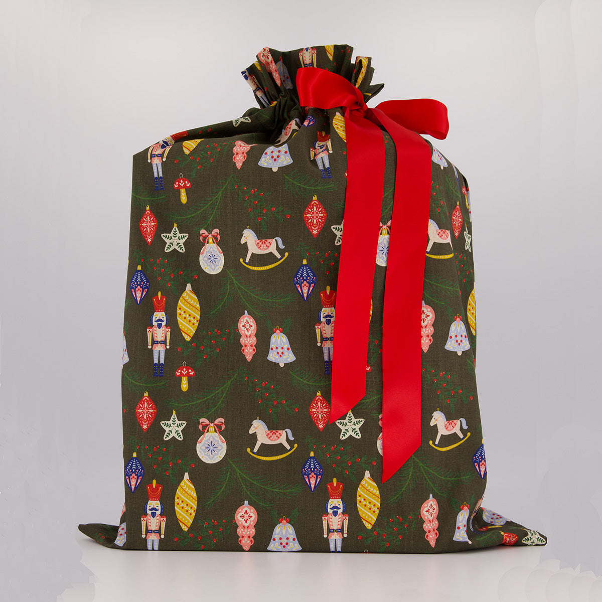 Santa Sack reusable gift bag — bold folk print in green, red and navy — handmade in Afghanistan