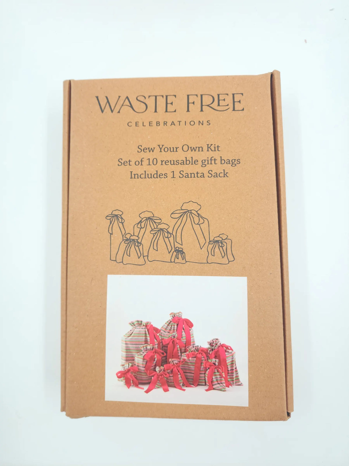 Fiesta Sew Your Own Kit packaging — set of 10 reusable gift bags, includes 1 Santa sack
