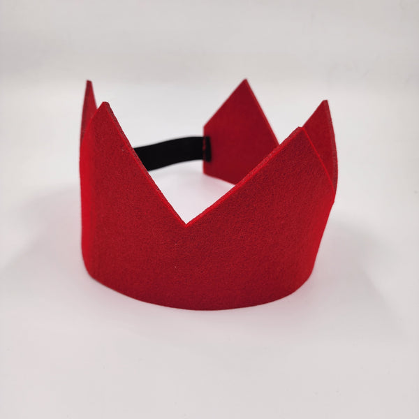 A red reusable wool felt crown with an elastic fastening