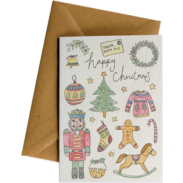 Eco greeting card with Christmas pictures and the words "happy Christmas".