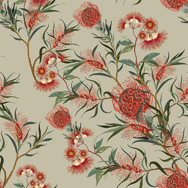 Fabric swatch of Australiana Eucalyptus design. Red and green flowers on a natural background.
