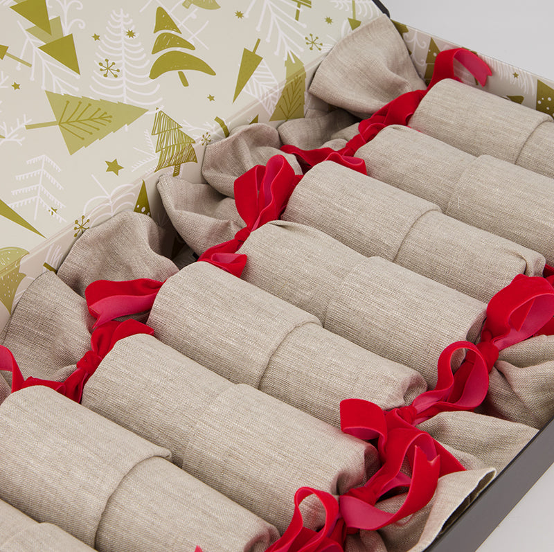Boxed set of eight Luxury Linen and Velvet Re-Crackers (reusable eco-friendly Christmas Crackers or Bon bons). These crackers are made with 100% natural coloured flax linen and finished with red velvet ribbons.
