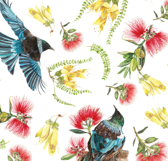 Flora and Fauna fabric with tui, pohutakawa and kowhai. 