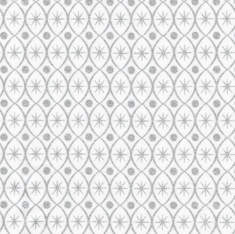 Swatch of Silver and Ice fabric - white fabric with silver design.